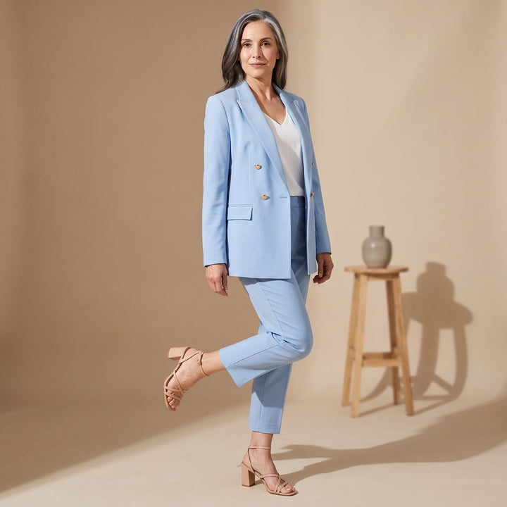 Women's Double-Breasted Tailored Blazer Two-Piece Suit Set - Baby Blue