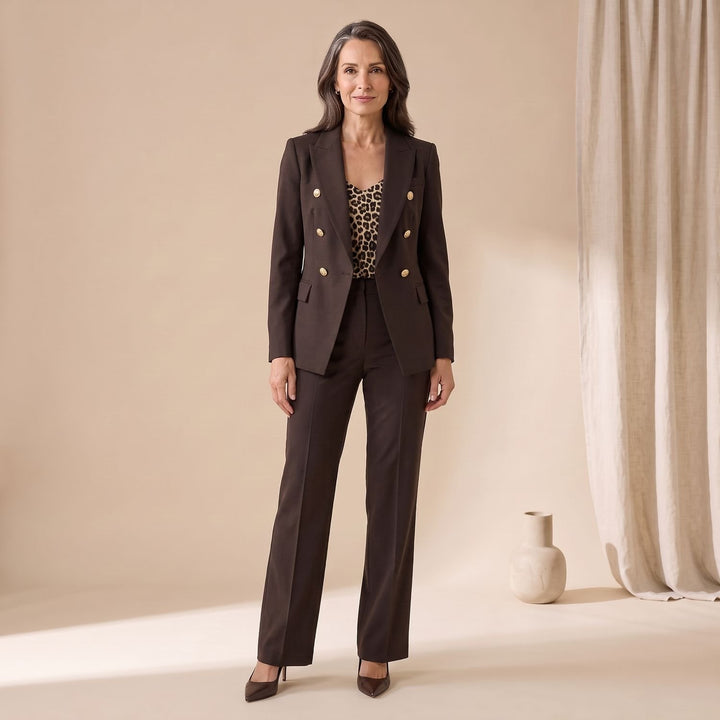 Women's Double-Breasted Tailored Blazer Two-Piece Suit Set - Brown