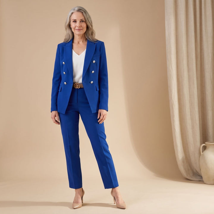 Women's Double-Breasted Tailored Blazer Two-Piece Suit Set - Electric Blue
