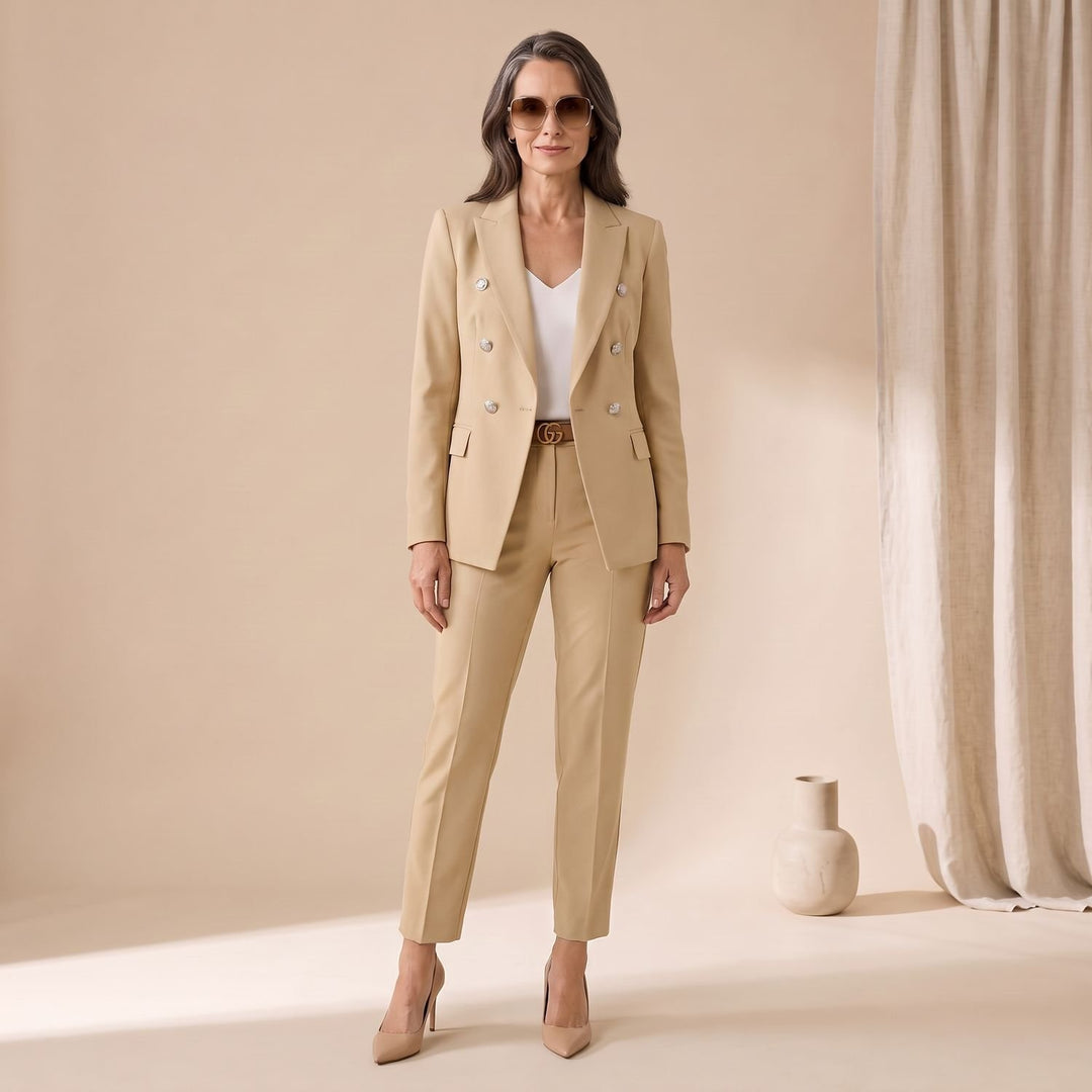 Women's Double-Breasted Tailored Blazer Two-Piece Suit Set - Beige