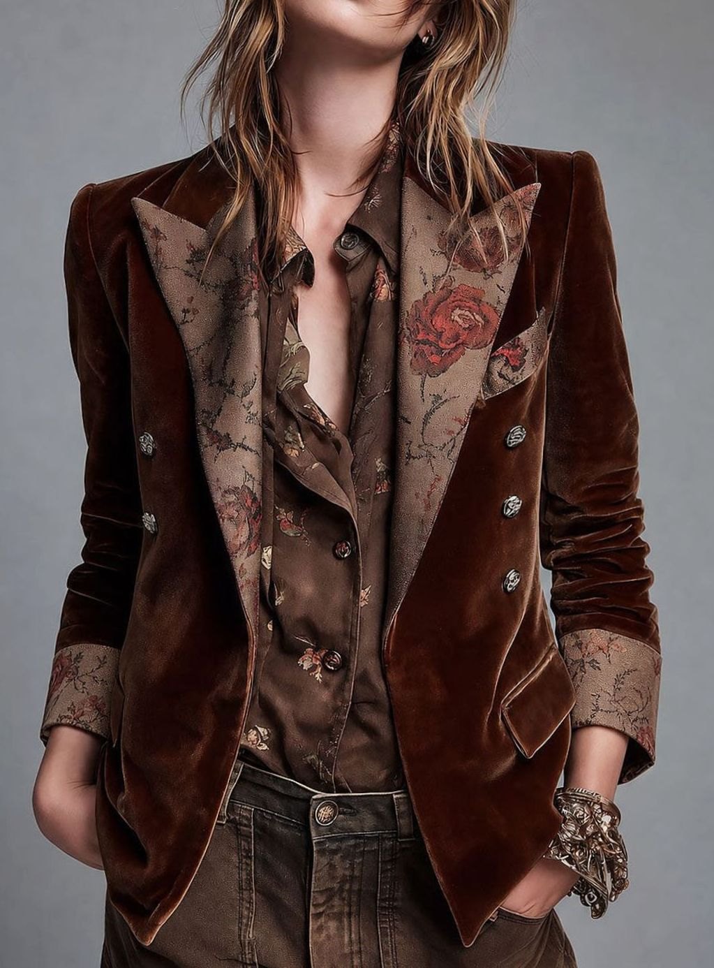 Women's Double-Breasted Velvet Floral-Lapel Blazer - Brown