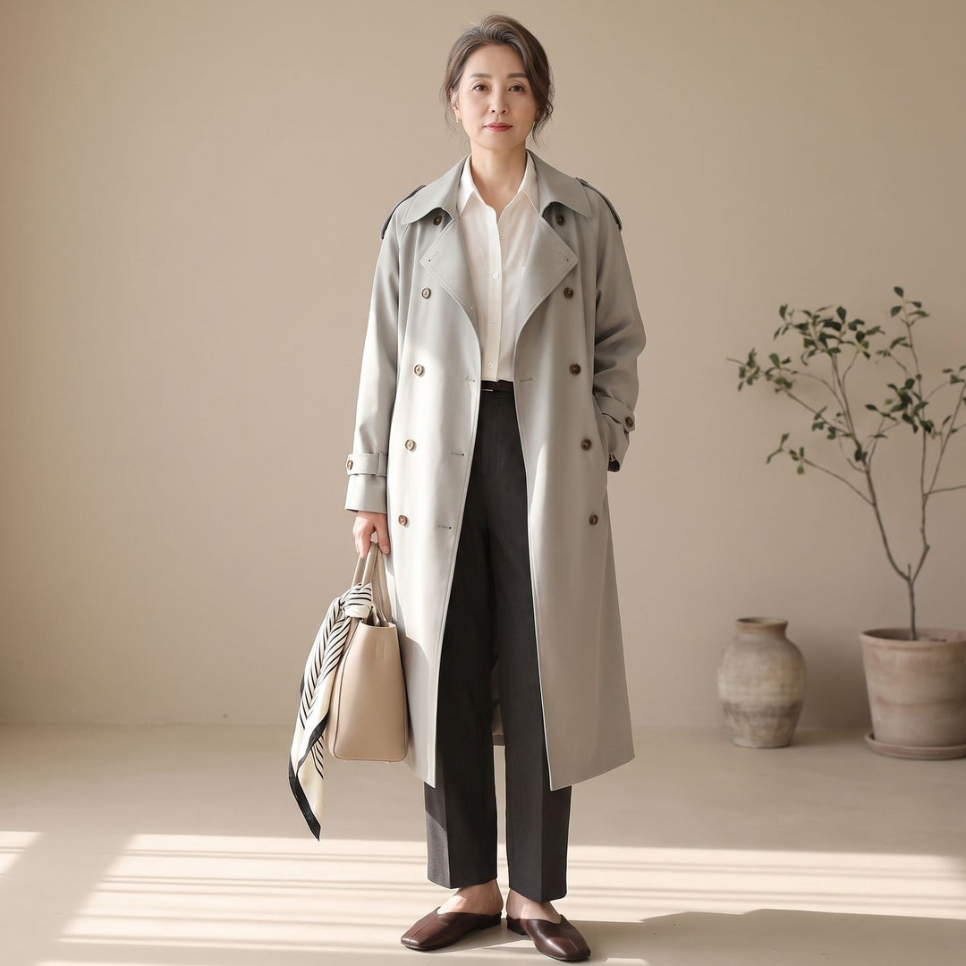 Women's Double-Breasted Water-Repellent Long Trench Coat - Gray