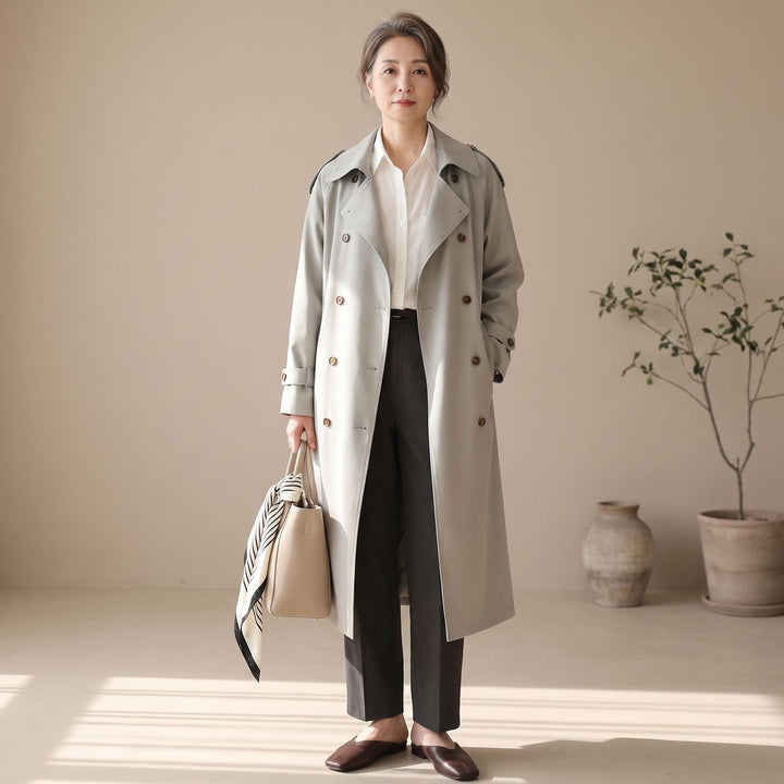 Women's Double-Breasted Water-Repellent Long Trench Coat - Gray