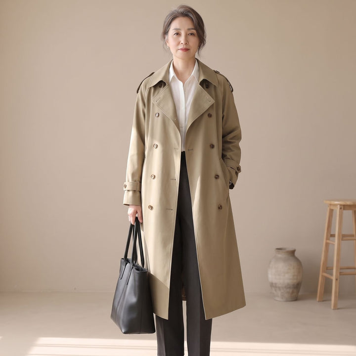 Women's Double-Breasted Water-Repellent Long Trench Coat - Khaki
