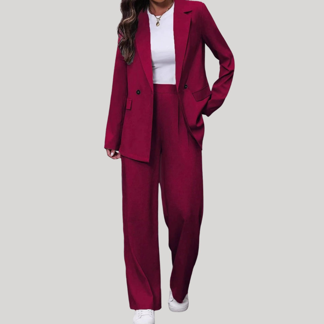 Women's Double-Breasted Wide-Leg Blazer Pants Suit Set, Burgundy - Burgundy