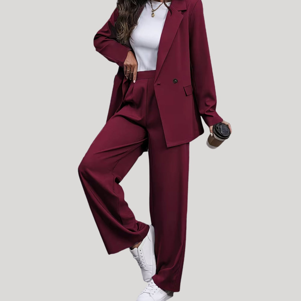 Women's Double-Breasted Wide-Leg Blazer Pants Suit Set, Burgundy