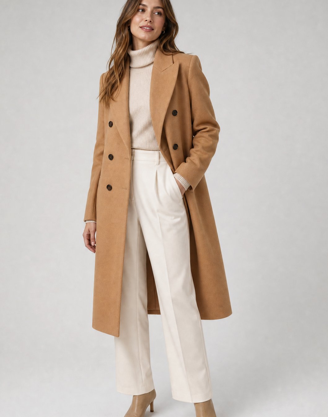 Women's Double-Breasted Wool-Blend Tailored Long Overcoat