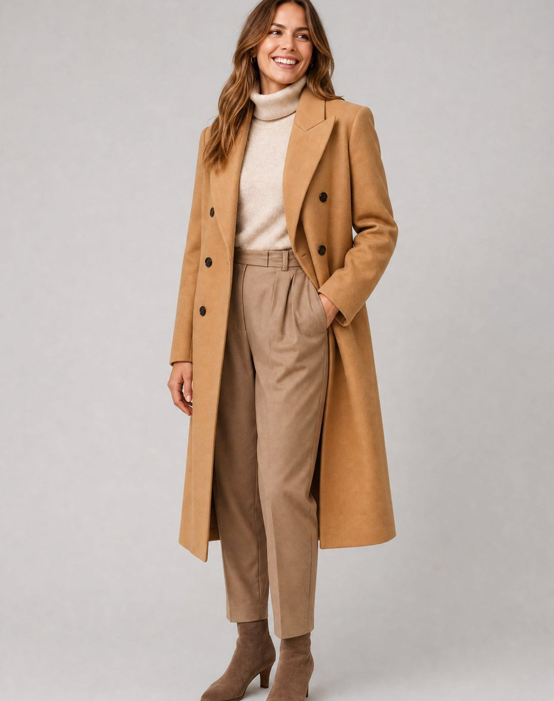 Women's Double-Breasted Wool-Blend Tailored Long Overcoat - Camel