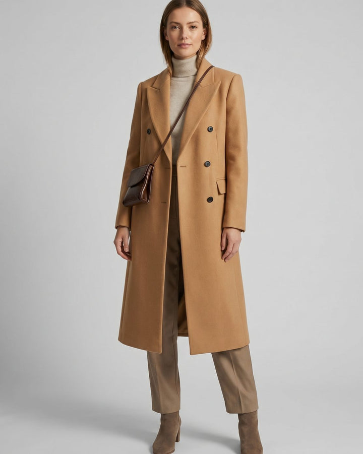 Women's Double-Breasted Wool-Blend Tailored Long Overcoat