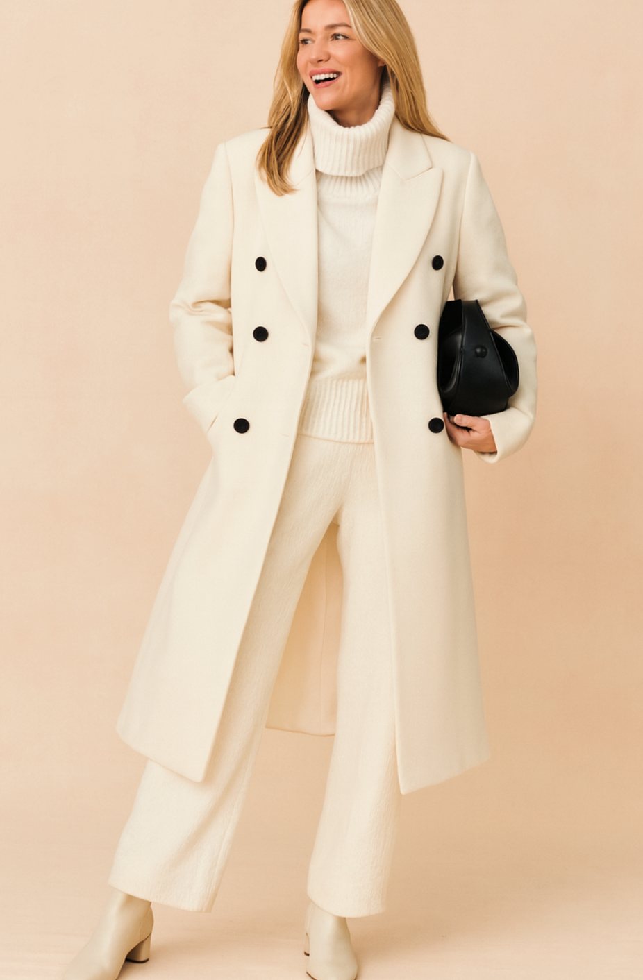 Women's Double-Breasted Wool-Blend Tailored Long Overcoat - White