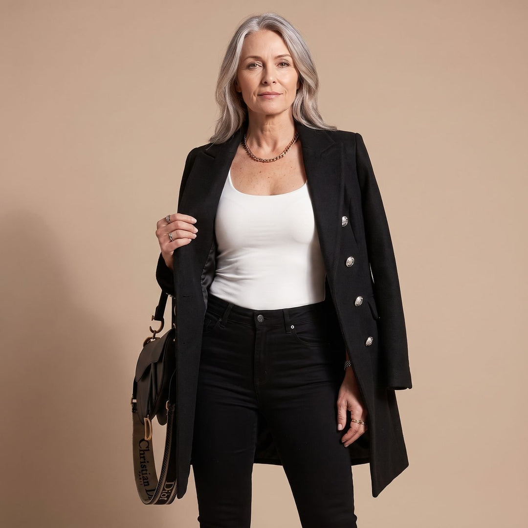 Women's Double-Breasted Wool Coat Long Sleeve Notch Lapel Overcoat - Black