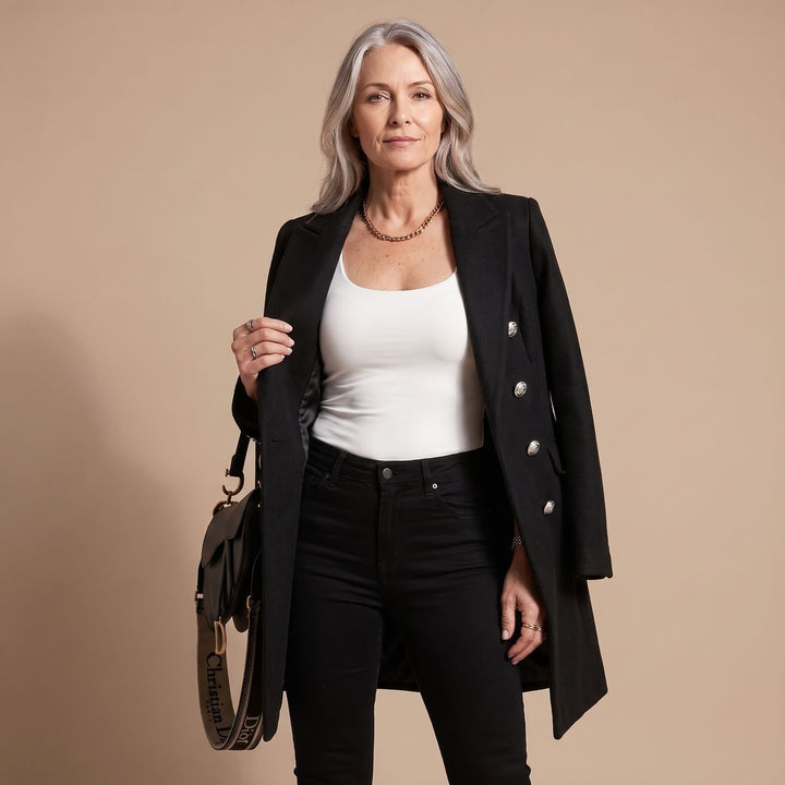 Women's Double-Breasted Wool Coat Long Sleeve Notch Lapel Overcoat - Black