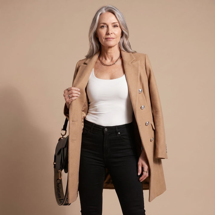 Women's Double-Breasted Wool Coat Long Sleeve Notch Lapel Overcoat - Khaki