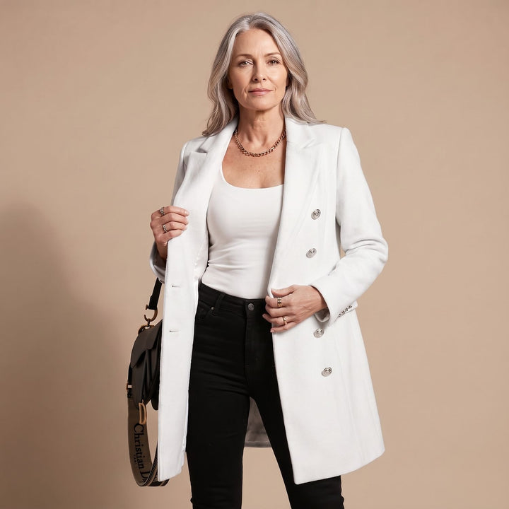 Women's Double-Breasted Wool Coat Long Sleeve Notch Lapel Overcoat - White