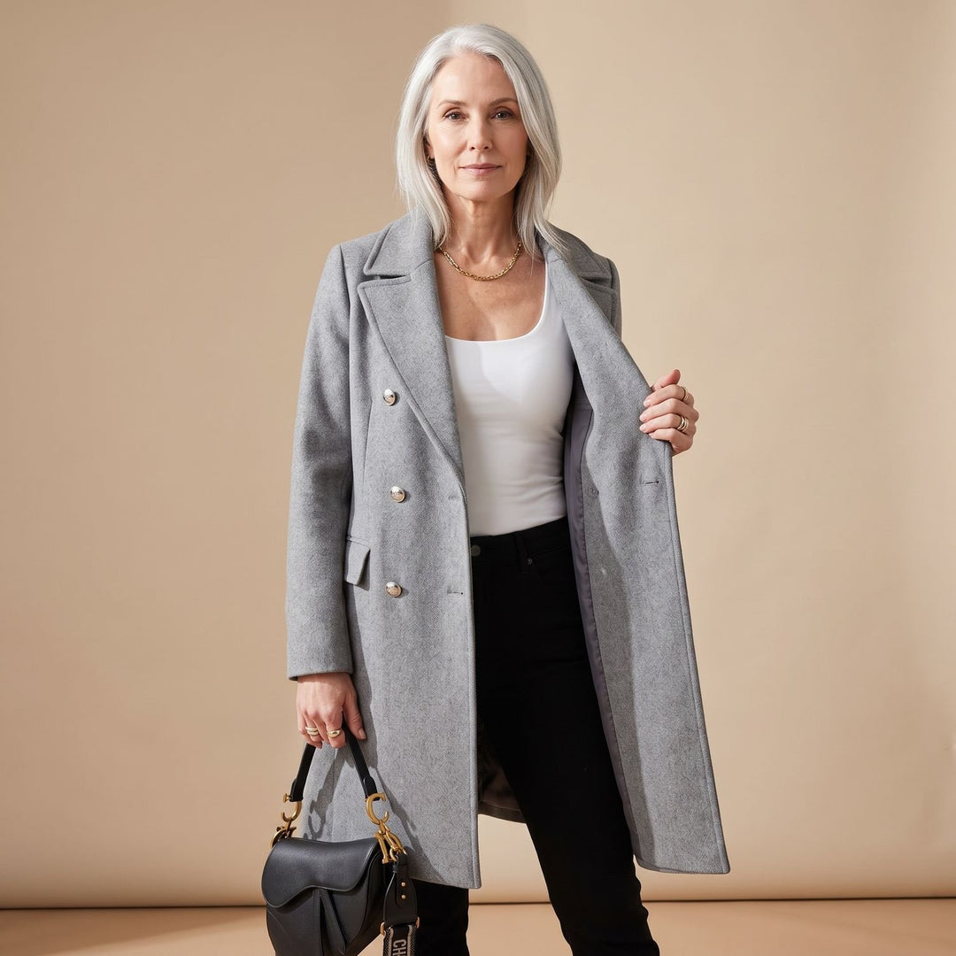 Women's Double-Breasted Wool Coat Long Sleeve Notch Lapel Overcoat - Gray