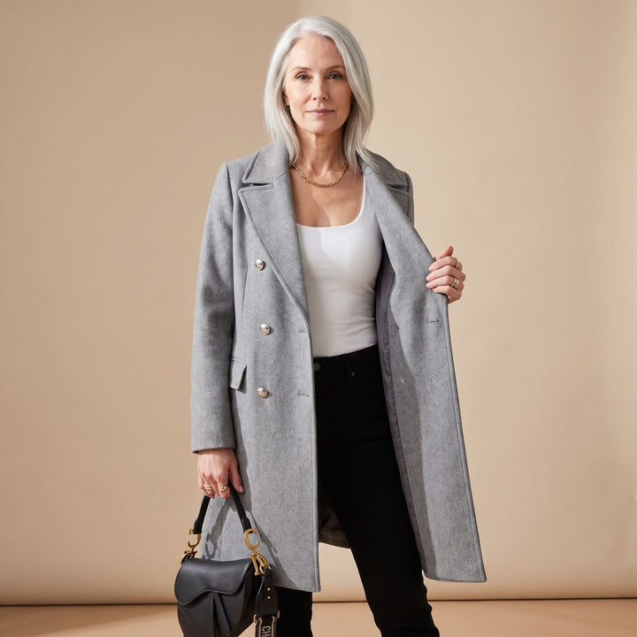 Women's Double-Breasted Wool Coat Long Sleeve Notch Lapel Overcoat - Gray