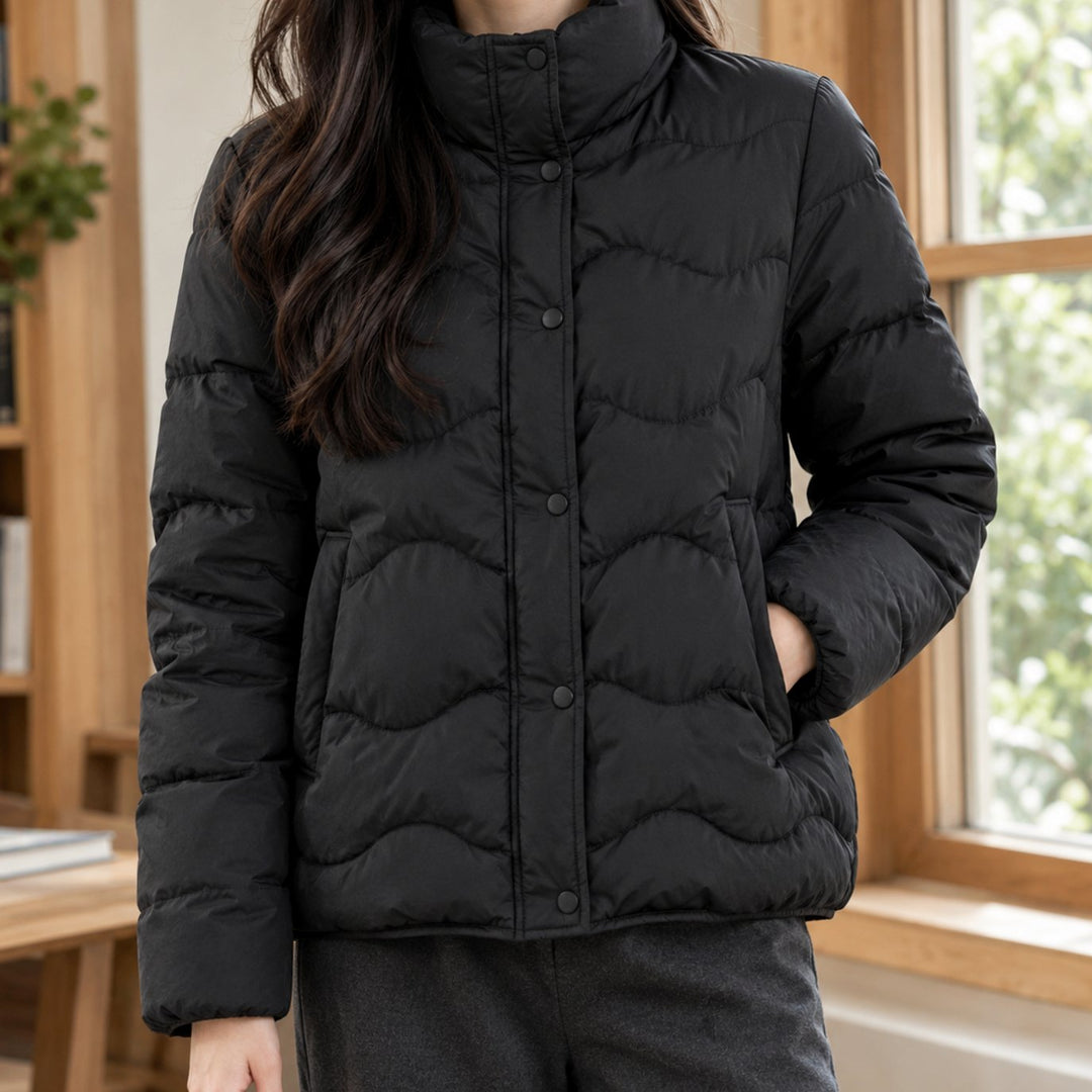 Women's Duck-Down Quilted Puffer Jacket Stand Collar Snap-Front - Black