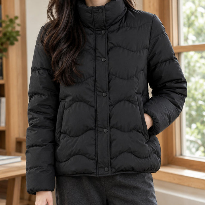 Women's Duck-Down Quilted Puffer Jacket Stand Collar Snap-Front - Black