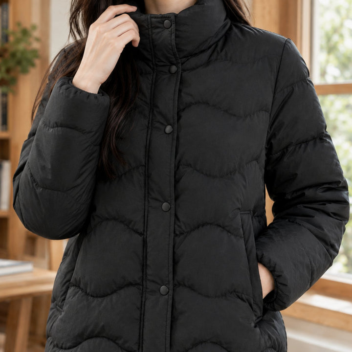 Women's Duck-Down Quilted Puffer Jacket Stand Collar Snap-Front
