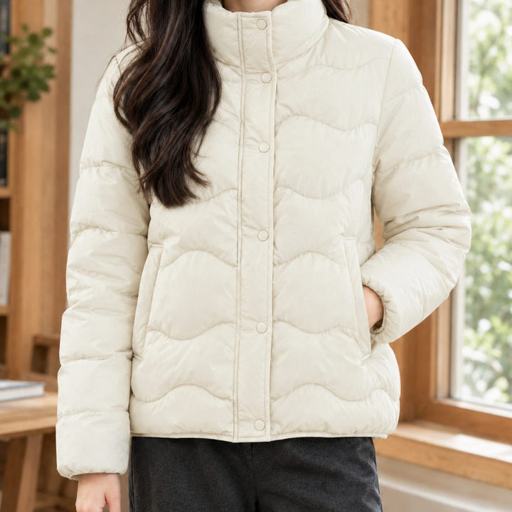 Women's Duck-Down Quilted Puffer Jacket Stand Collar Snap-Front - Milky White