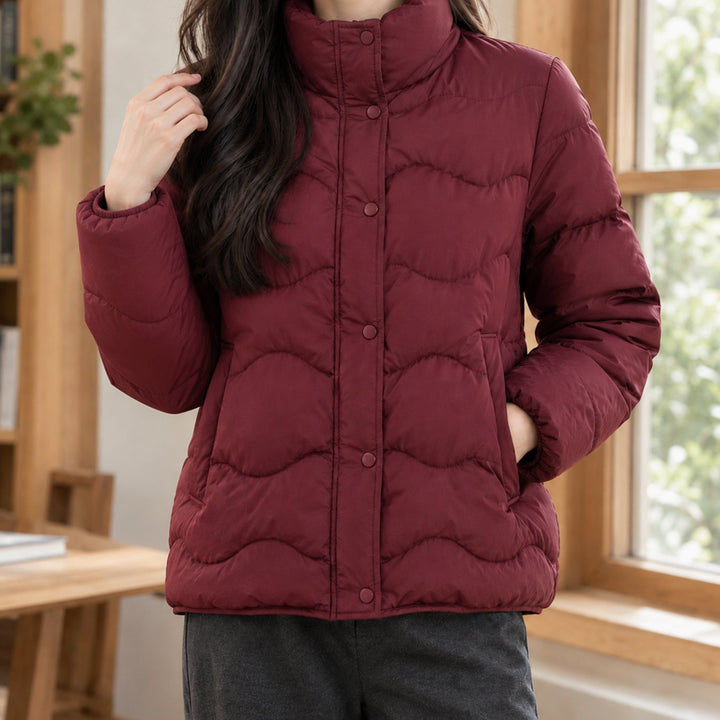 Women's Duck-Down Quilted Puffer Jacket Stand Collar Snap-Front - Angora Red