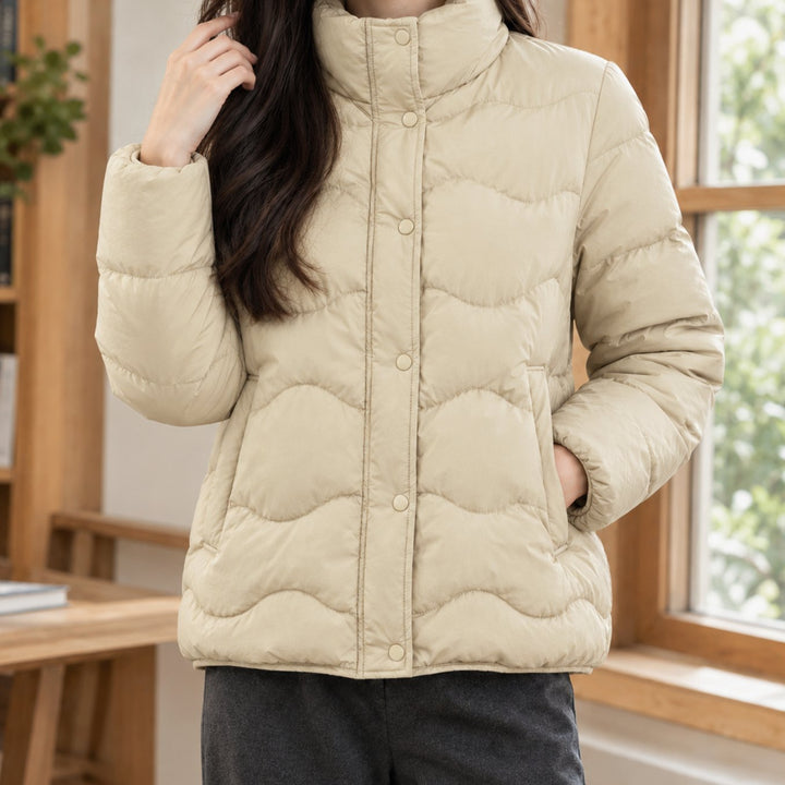 Women's Duck-Down Quilted Puffer Jacket Stand Collar Snap-Front - Beige