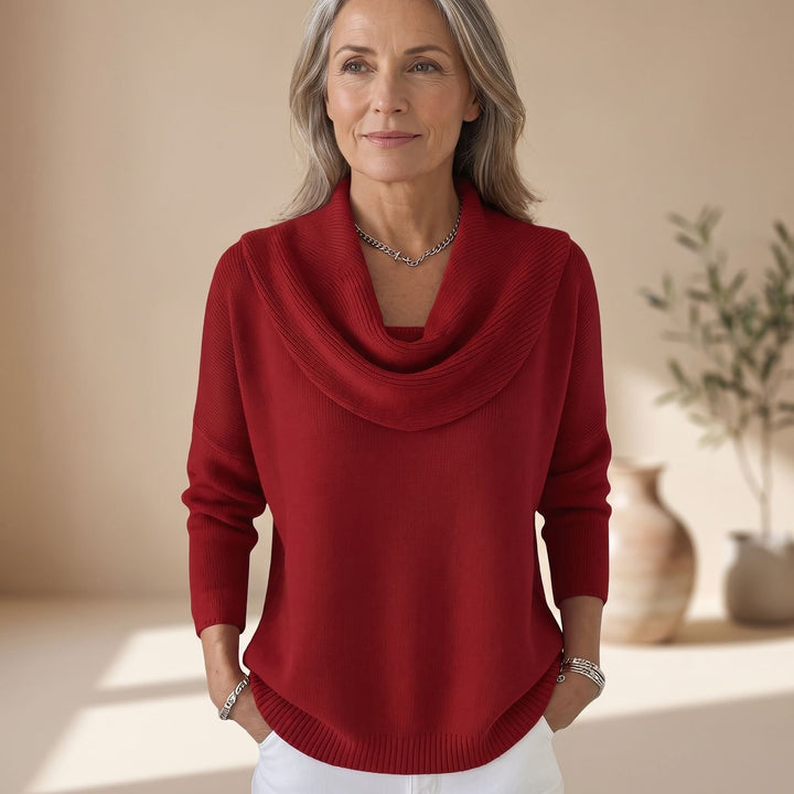 Women's Elegant Cowl-Neck Long-Sleeve Knit Sweater - Red
