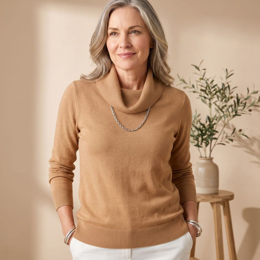 Women's Elegant Cowl-Neck Long-Sleeve Knit Sweater - Brown