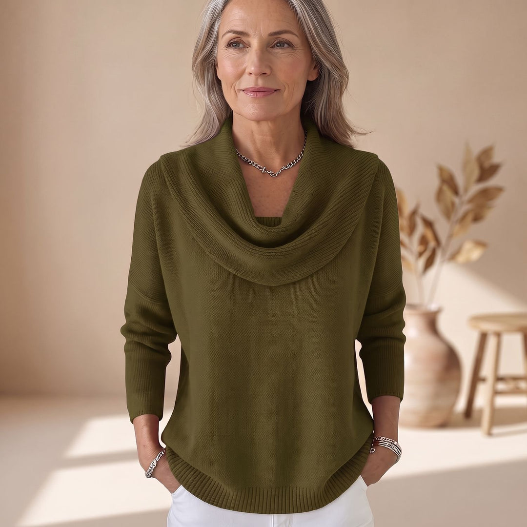 Women's Elegant Cowl-Neck Long-Sleeve Knit Sweater - Green