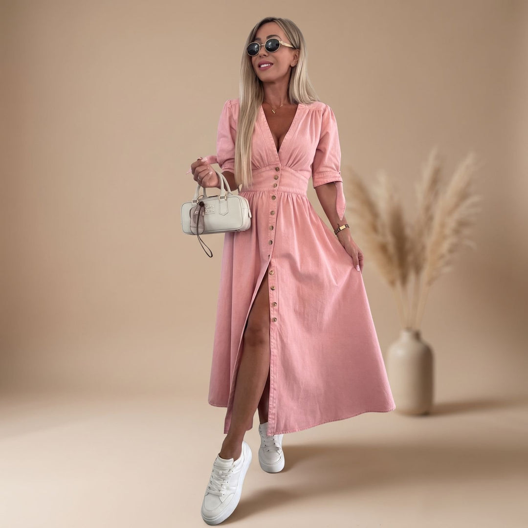 Women's Elegant Denim Formal Midi Dress V-Neck Button-Front - Pink