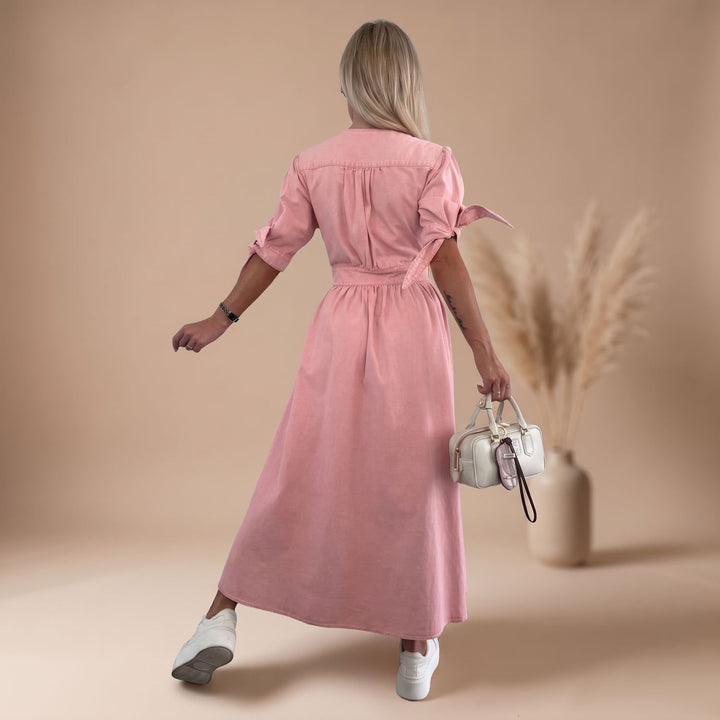 Women's Elegant Denim Formal Midi Dress V-Neck Button-Front