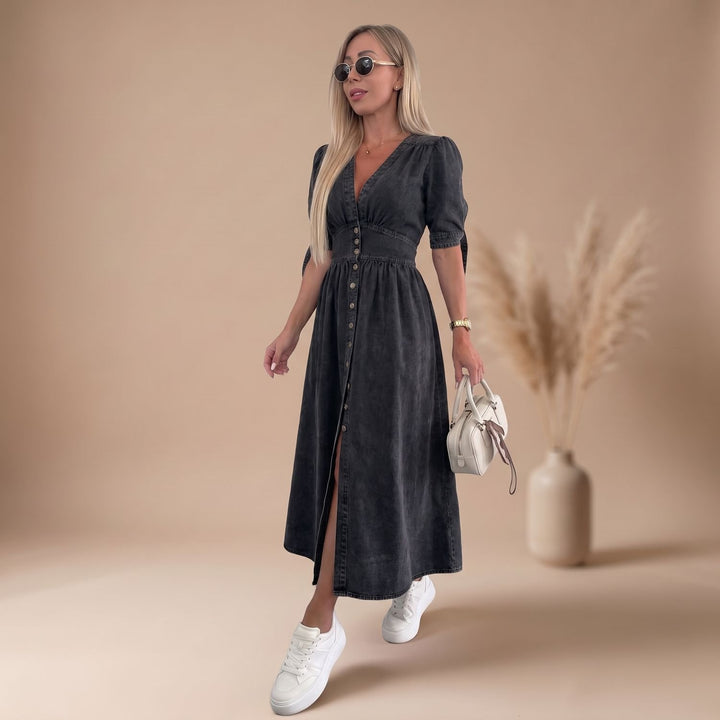 Women's Elegant Denim Formal Midi Dress V-Neck Button-Front - Black