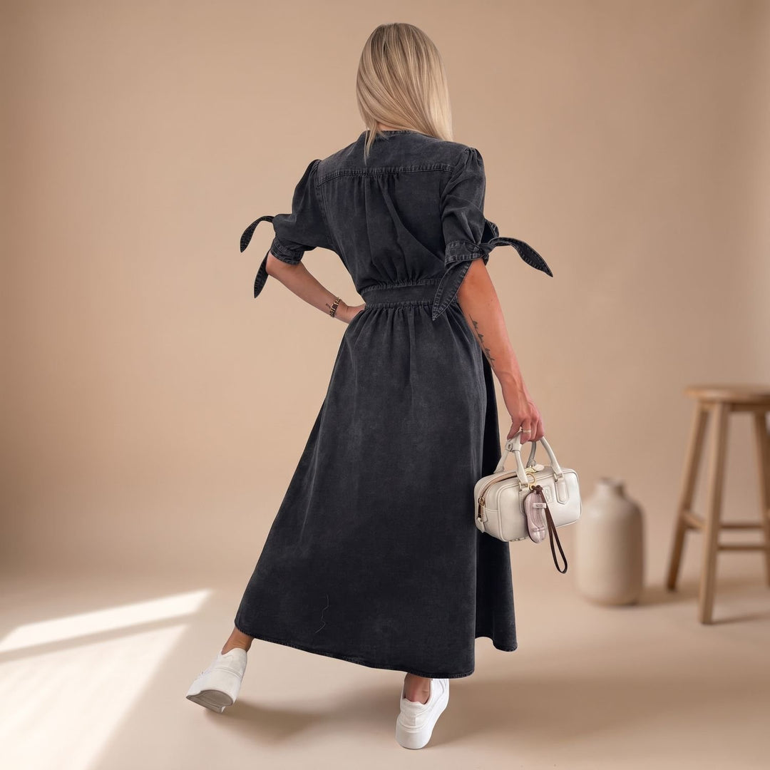 Women's Elegant Denim Formal Midi Dress V-Neck Button-Front