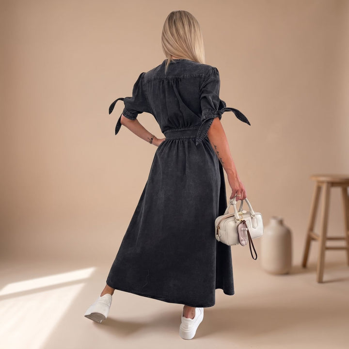 Women's Elegant Denim Formal Midi Dress V-Neck Button-Front