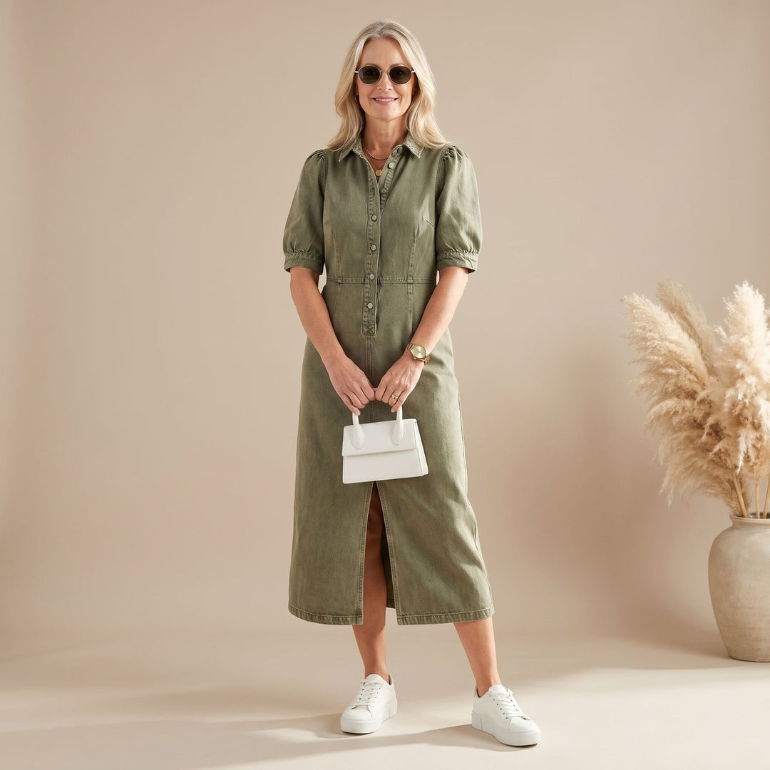 Women's Elegant Denim Formal Midi Dress V-Neck Button-Front - Green