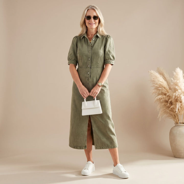 Women's Elegant Denim Formal Midi Dress V-Neck Button-Front - Green