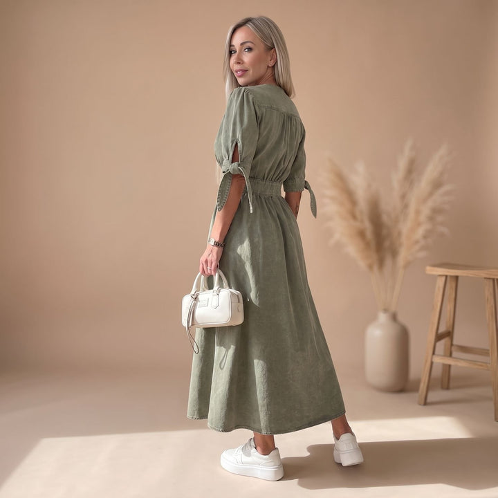 Women's Elegant Denim Formal Midi Dress V-Neck Button-Front