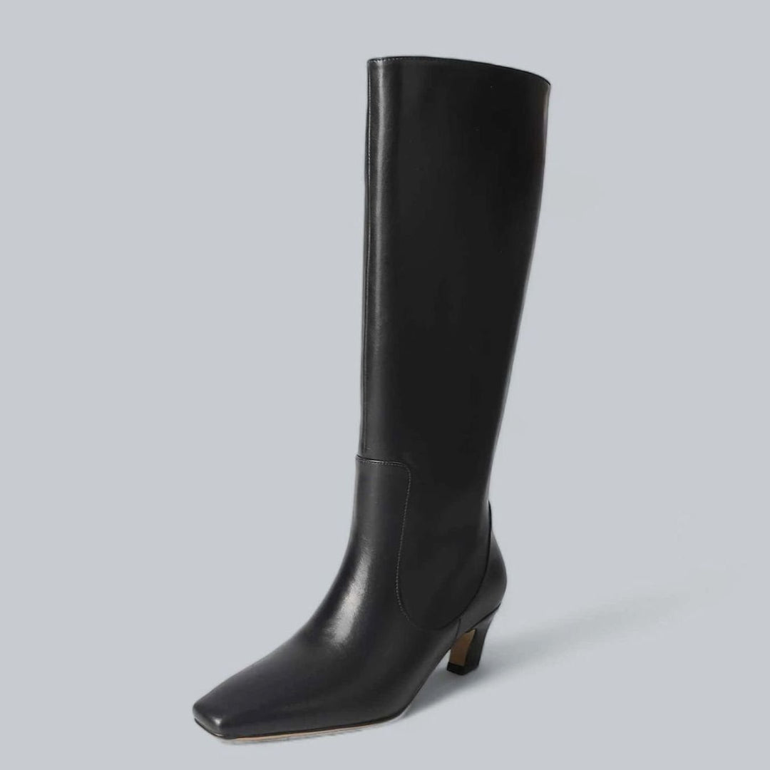 Women's Elegant Knee High Boots Square-Toe Low Kitten Heel - Black