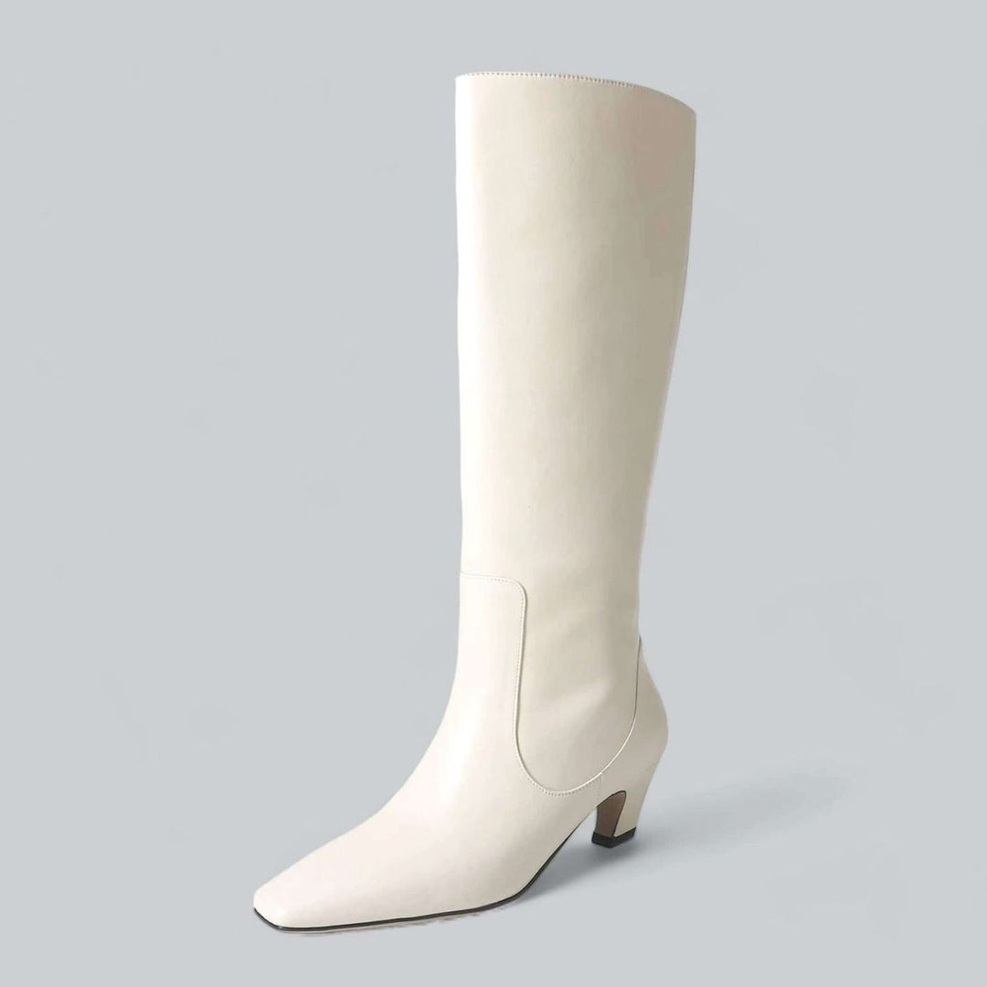 Women's Elegant Knee High Boots Square-Toe Low Kitten Heel - Off-White