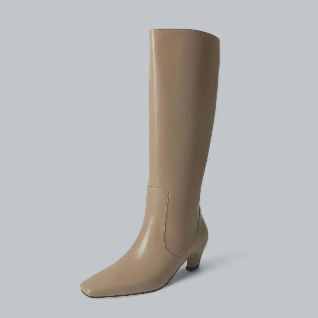 Women's Elegant Knee High Boots Square-Toe Low Kitten Heel - Khaki