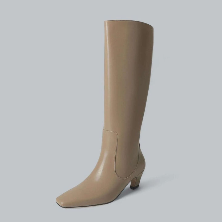 Women's Elegant Knee High Boots Square-Toe Low Kitten Heel - Khaki