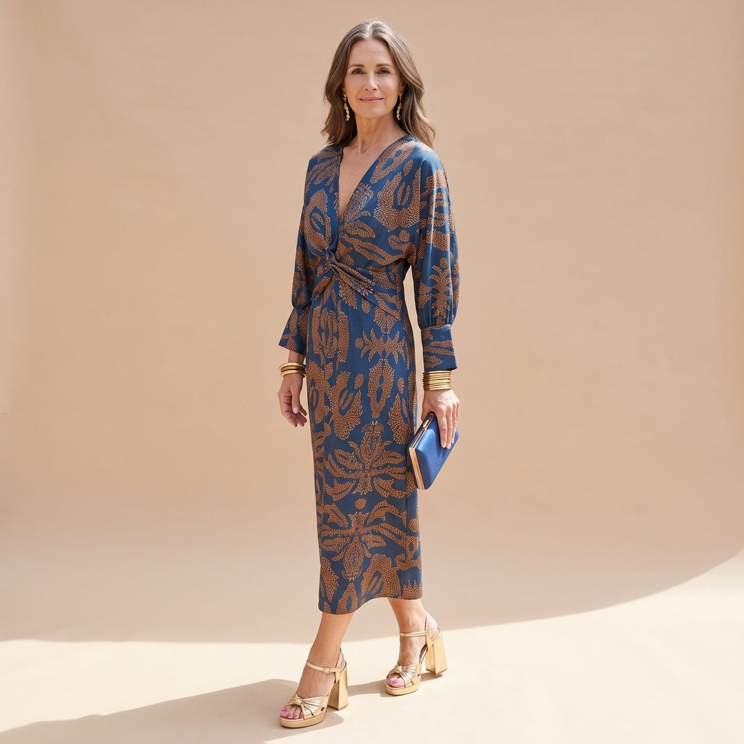 Women's Elegant Long Sleeve Formal Midi Dress V-Neck Twisted Waist - Blue