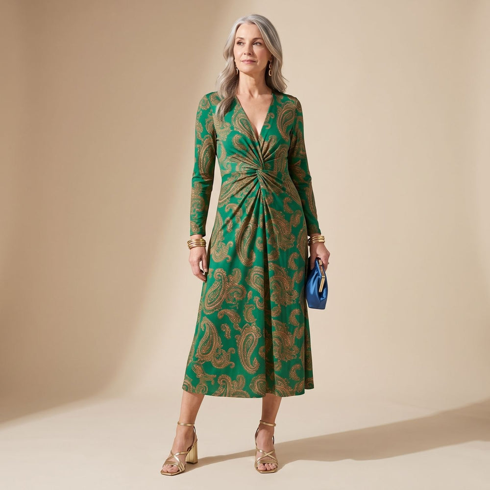Women's Elegant Long Sleeve Formal Midi Dress V-Neck Twisted Waist - Green