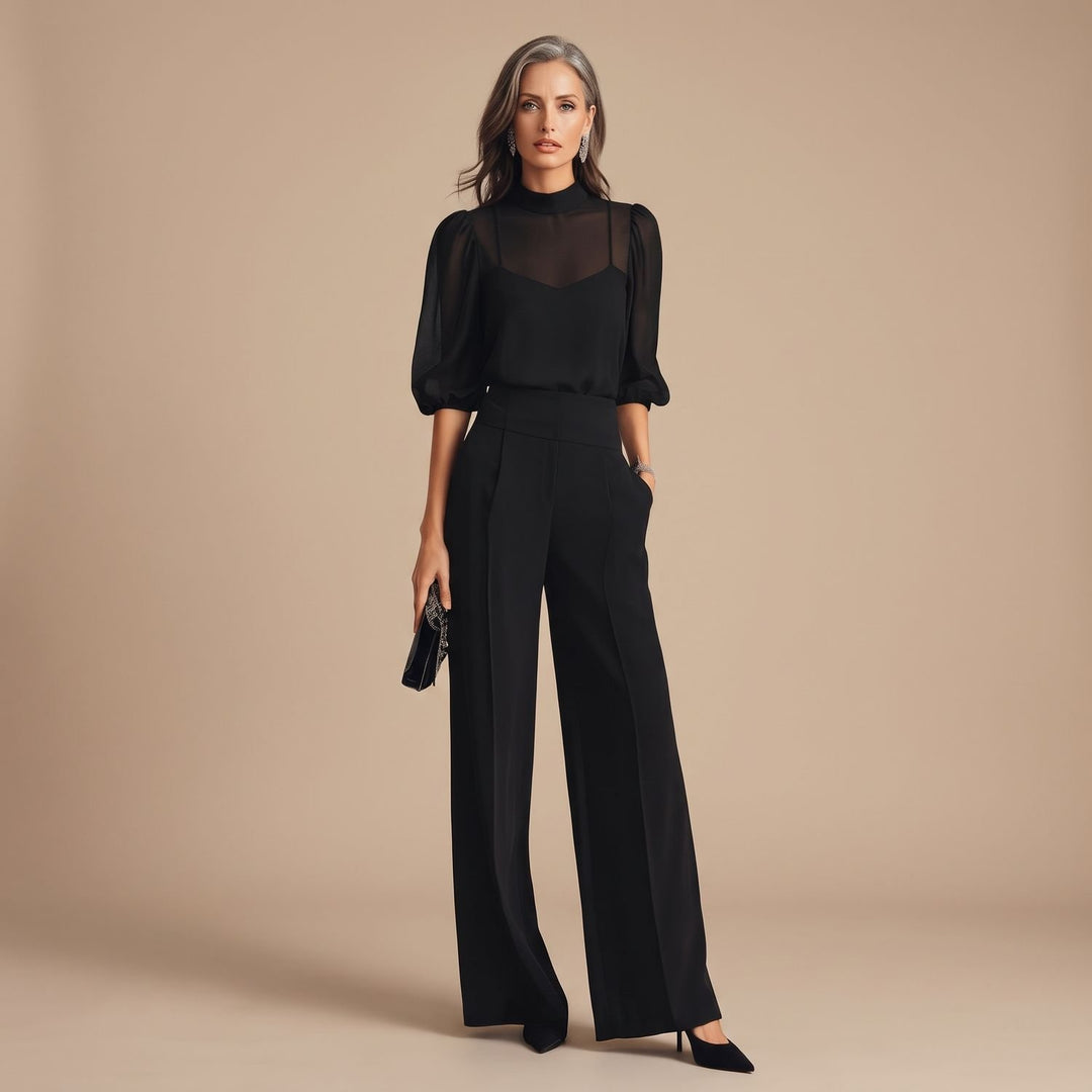 Women's Elegant Mesh Mock-Neck Puff-Sleeve Wide-Leg Two Piece Set - Black