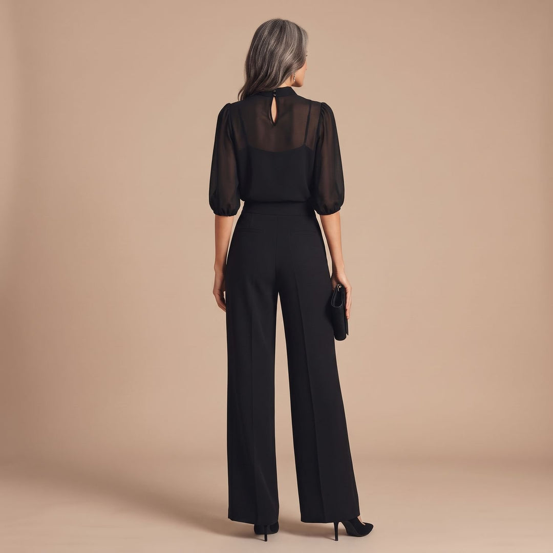 Women's Elegant Mesh Mock-Neck Puff-Sleeve Wide-Leg Two Piece Set