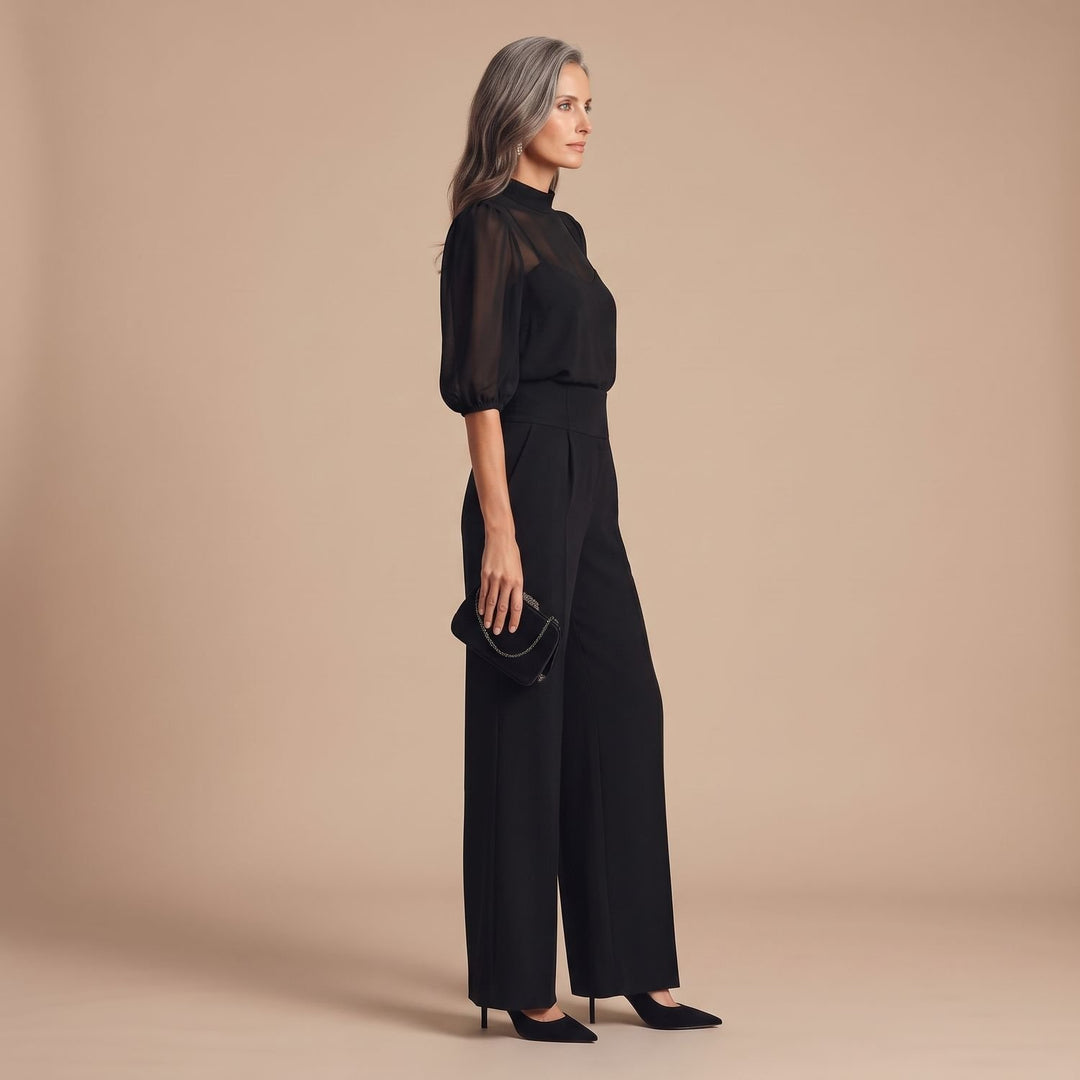 Women's Elegant Mesh Mock-Neck Puff-Sleeve Wide-Leg Two Piece Set
