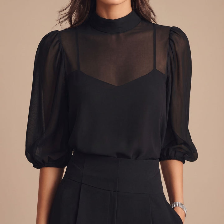 Women's Elegant Mesh Mock-Neck Puff-Sleeve Wide-Leg Two Piece Set