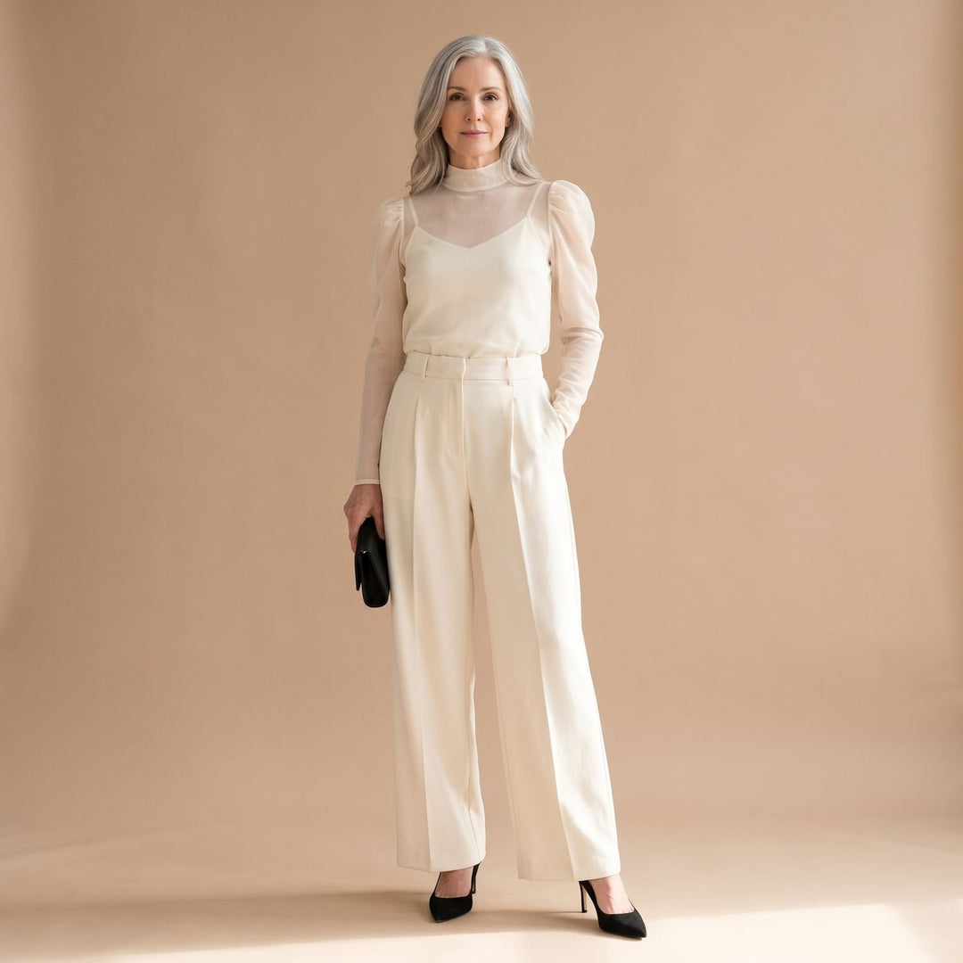 Women's Elegant Mesh Mock-Neck Puff-Sleeve Wide-Leg Two Piece Set - Apricot