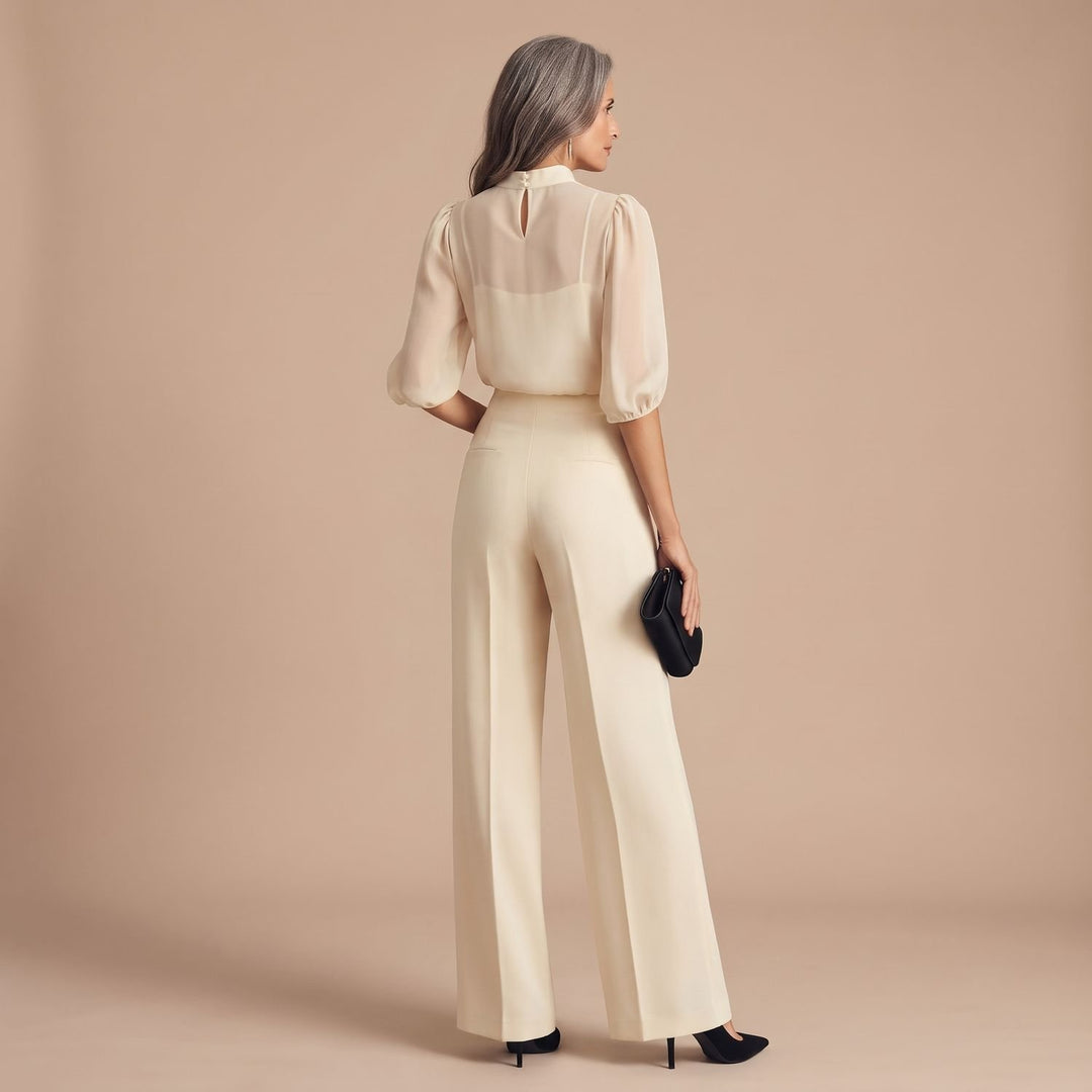 Women's Elegant Mesh Mock-Neck Puff-Sleeve Wide-Leg Two Piece Set