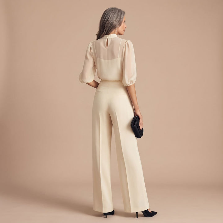 Women's Elegant Mesh Mock-Neck Puff-Sleeve Wide-Leg Two Piece Set